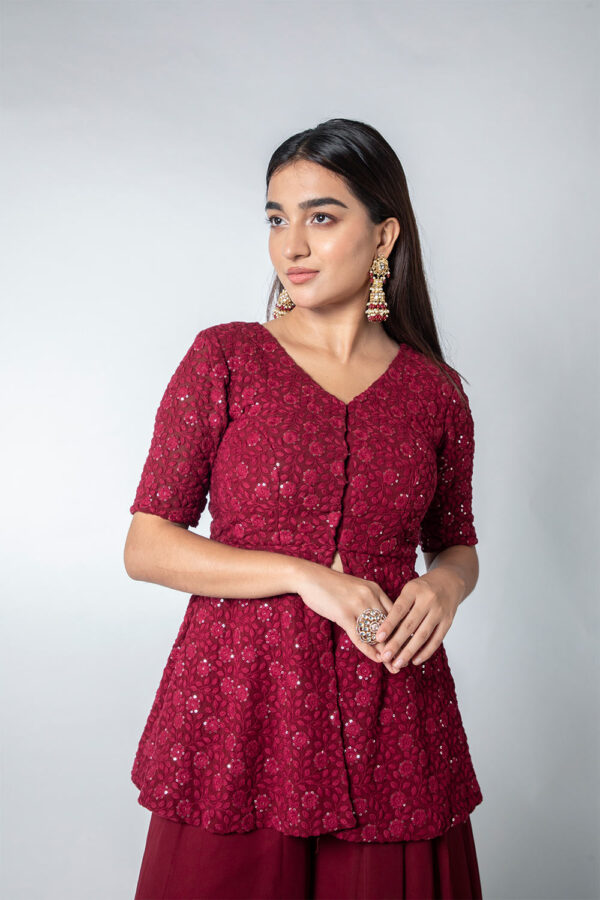 Maroon Chikankari Peplum Palazzo Set