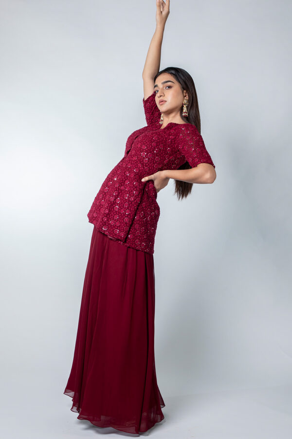 Maroon Chikankari Peplum Palazzo Set - Image 2