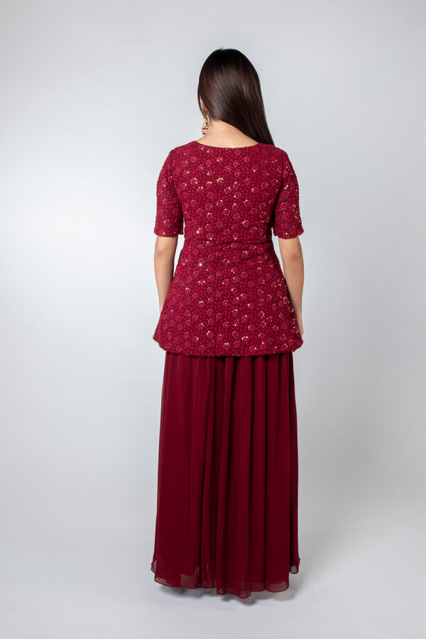 Maroon Chikankari Peplum Palazzo Set - Image 3