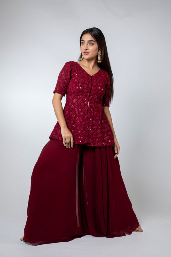 Maroon Chikankari Peplum Palazzo Set - Image 4