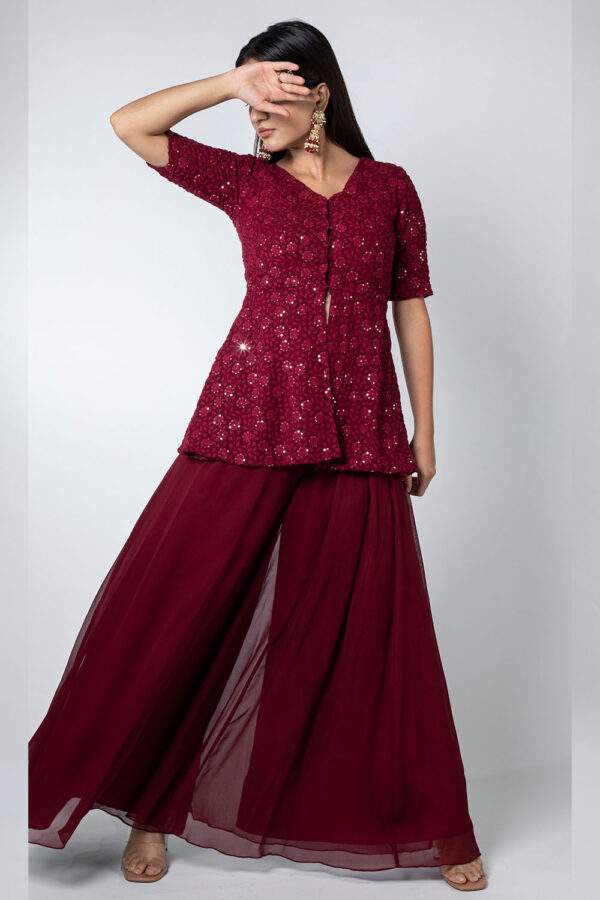 Maroon Chikankari Peplum Palazzo Set - Image 5