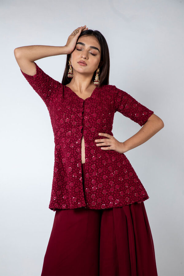 Maroon Chikankari Peplum Palazzo Set - Image 6