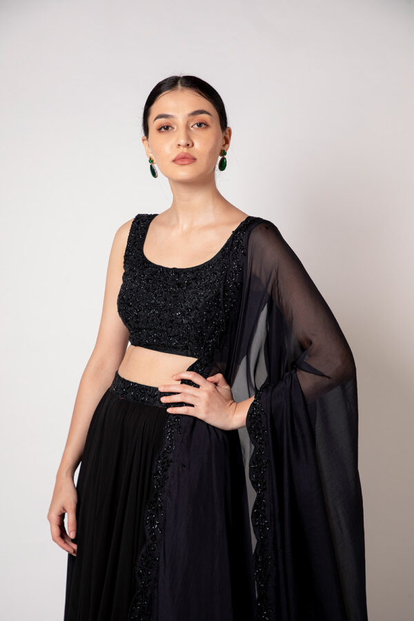 Black Self Embroidered Lehenga Set - Image 3