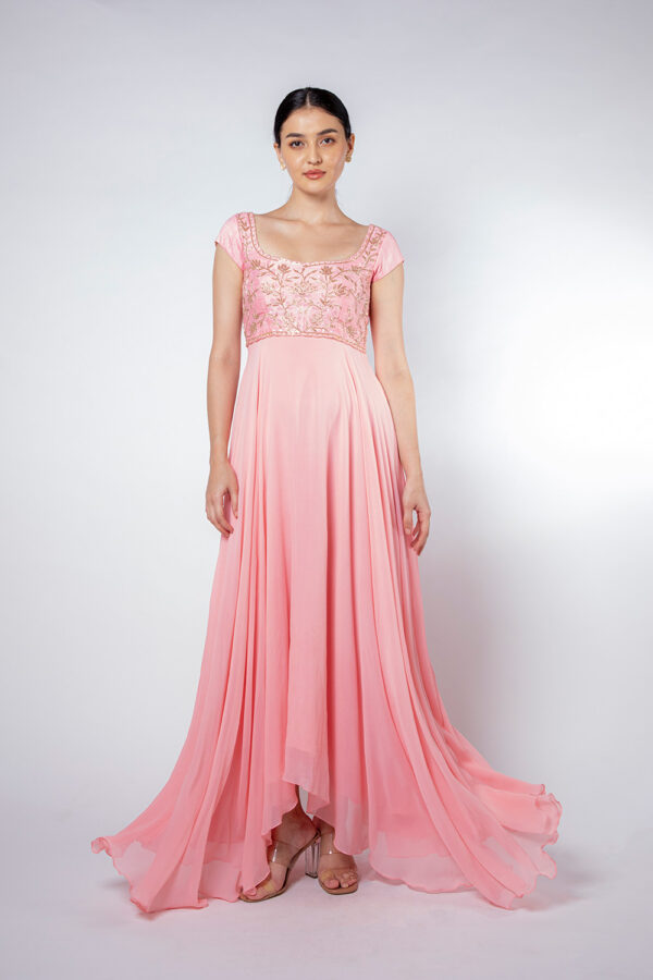 Peach Pink Embellished High Low Long Dress