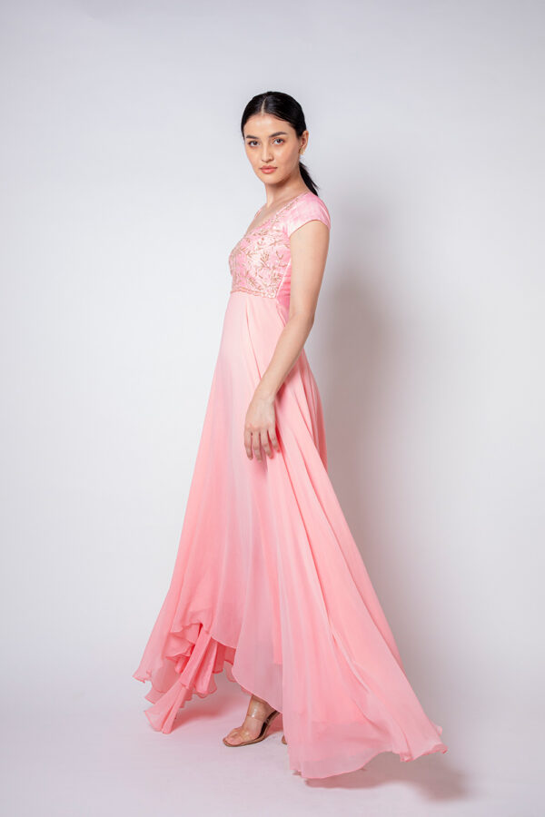 Peach Pink Embellished High Low Long Dress - Image 5