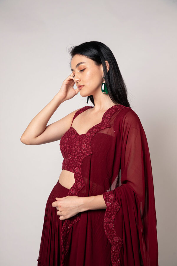 Maroon Chikankari Tiered Pleated Lehenga Set - Image 2