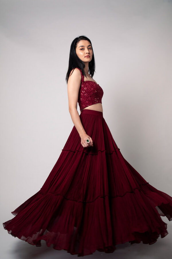 Maroon Chikankari Tiered Pleated Lehenga Set - Image 6