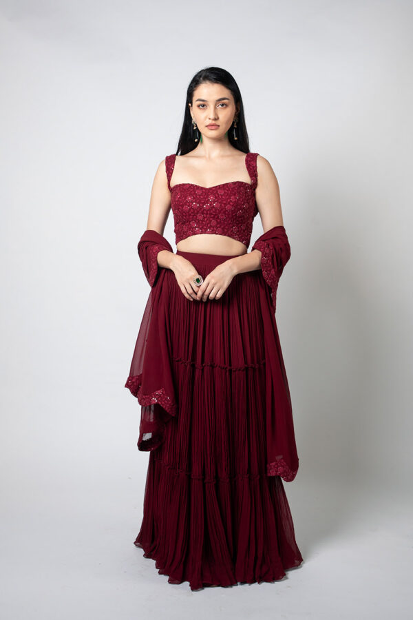 Maroon Chikankari Tiered Pleated Lehenga Set