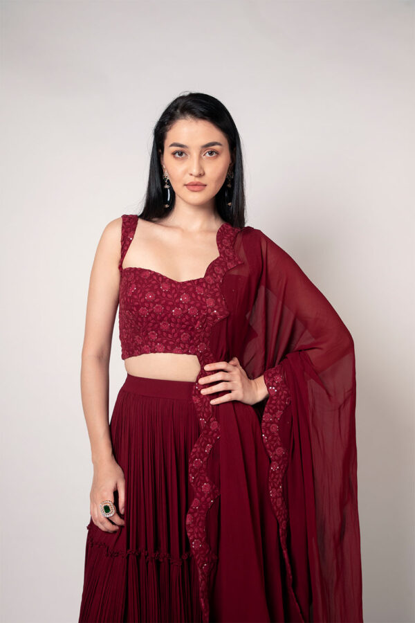 Maroon Chikankari Tiered Pleated Lehenga Set - Image 4