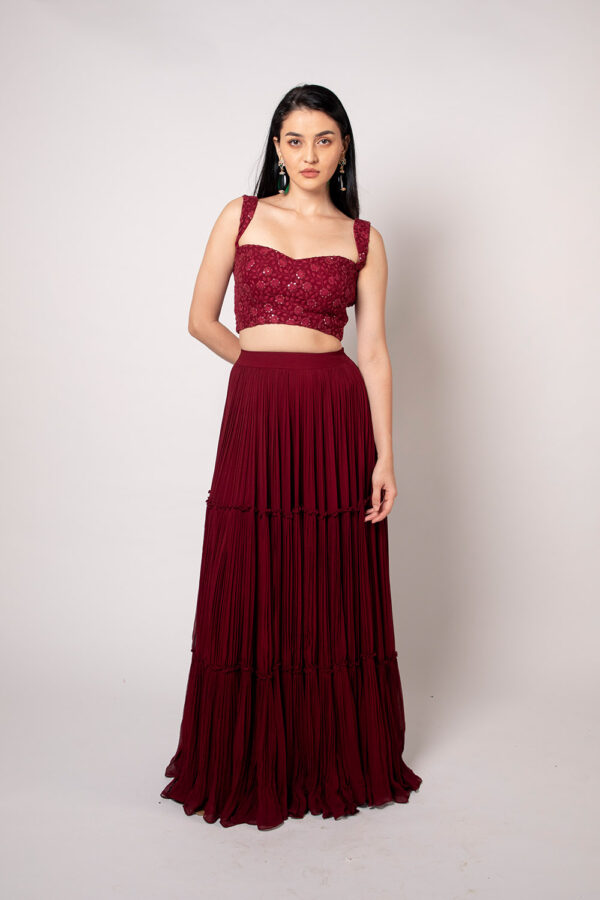 Maroon Chikankari Tiered Pleated Lehenga Set - Image 3