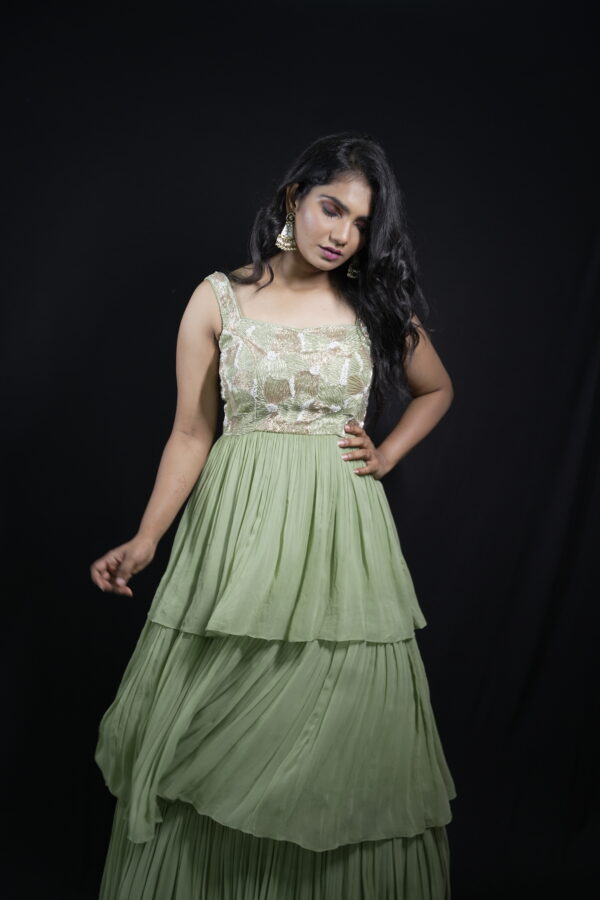 Pista Green Layered Long Frock - Image 2