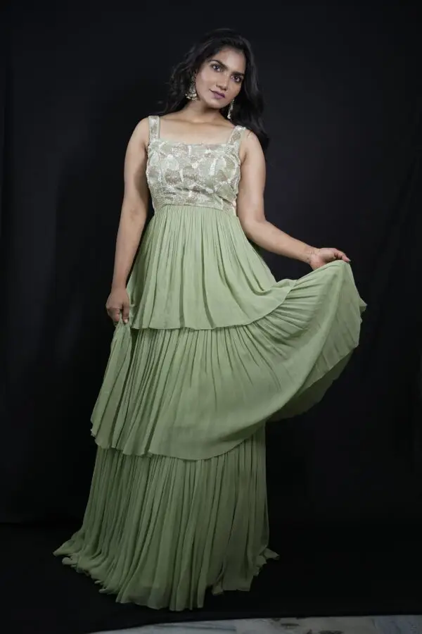 Pista Green Layered Long Frock