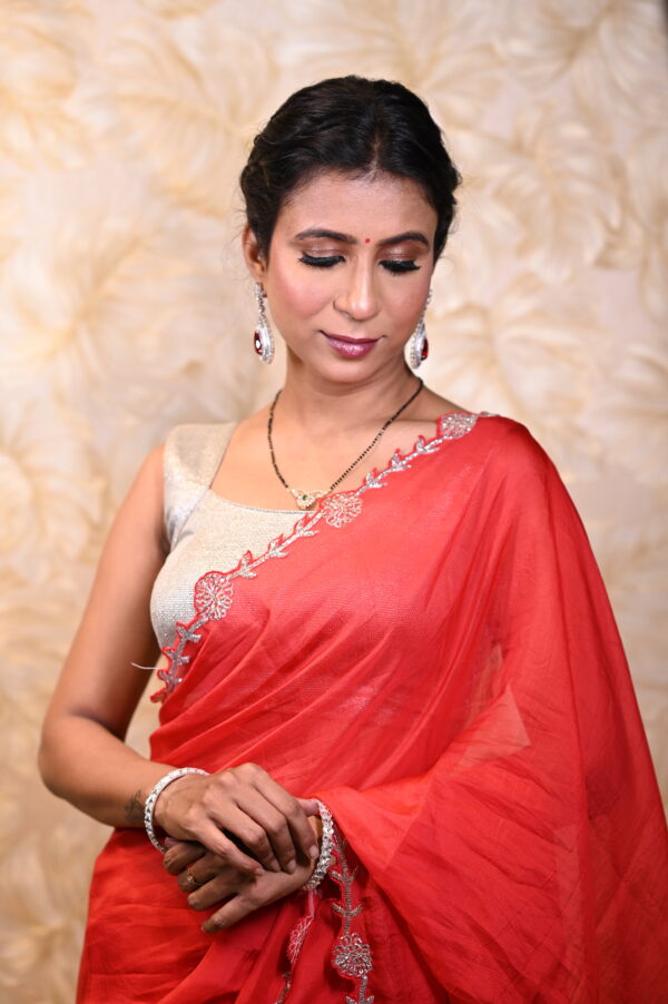 Crimson Red Designer Organza Saree - Image 4