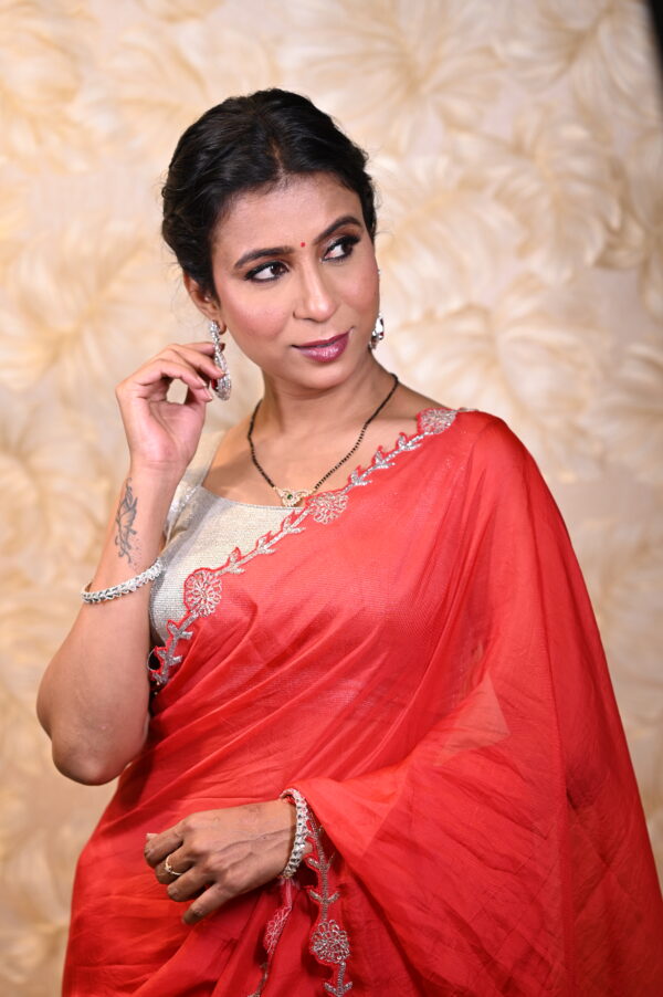 Crimson Red Designer Organza Saree - Image 5