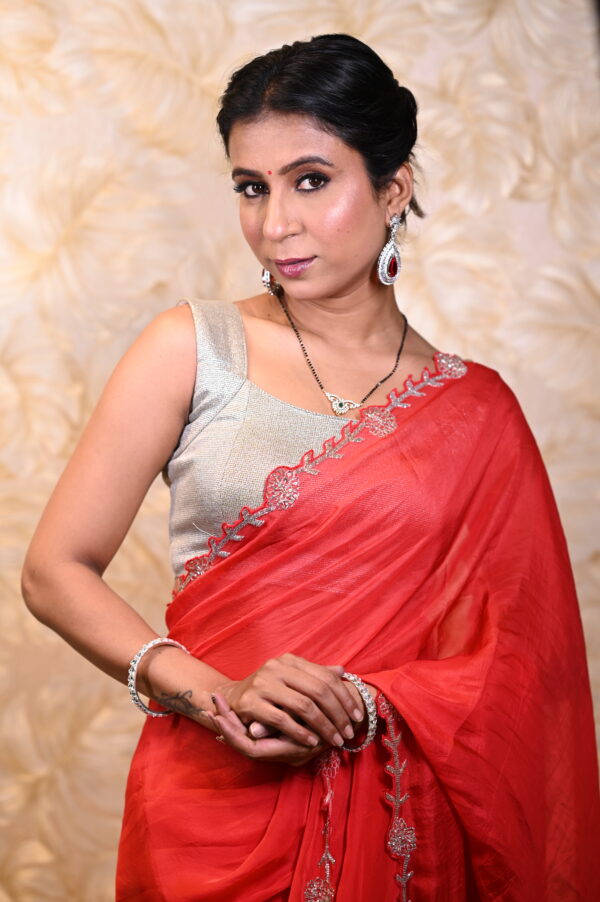 Crimson Red Designer Organza Saree - Image 3