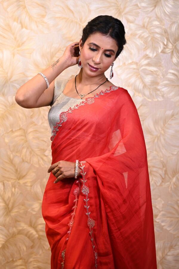 Crimson Red Designer Organza Saree - Image 2