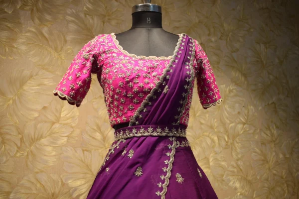 Plum Zardozi Lehenga Set with Pink Blouse - Image 4