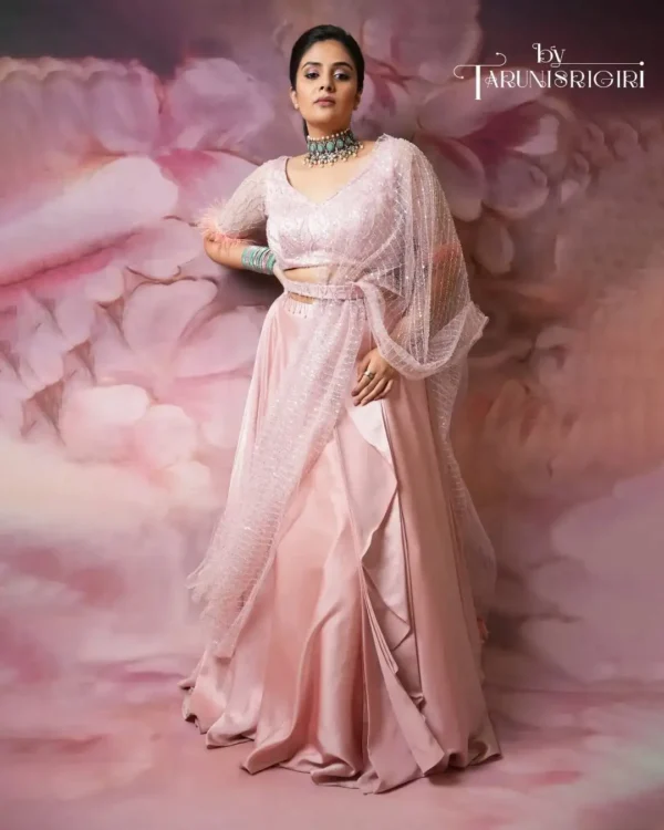 Blush Pink Draped Lehenga Set - Image 4