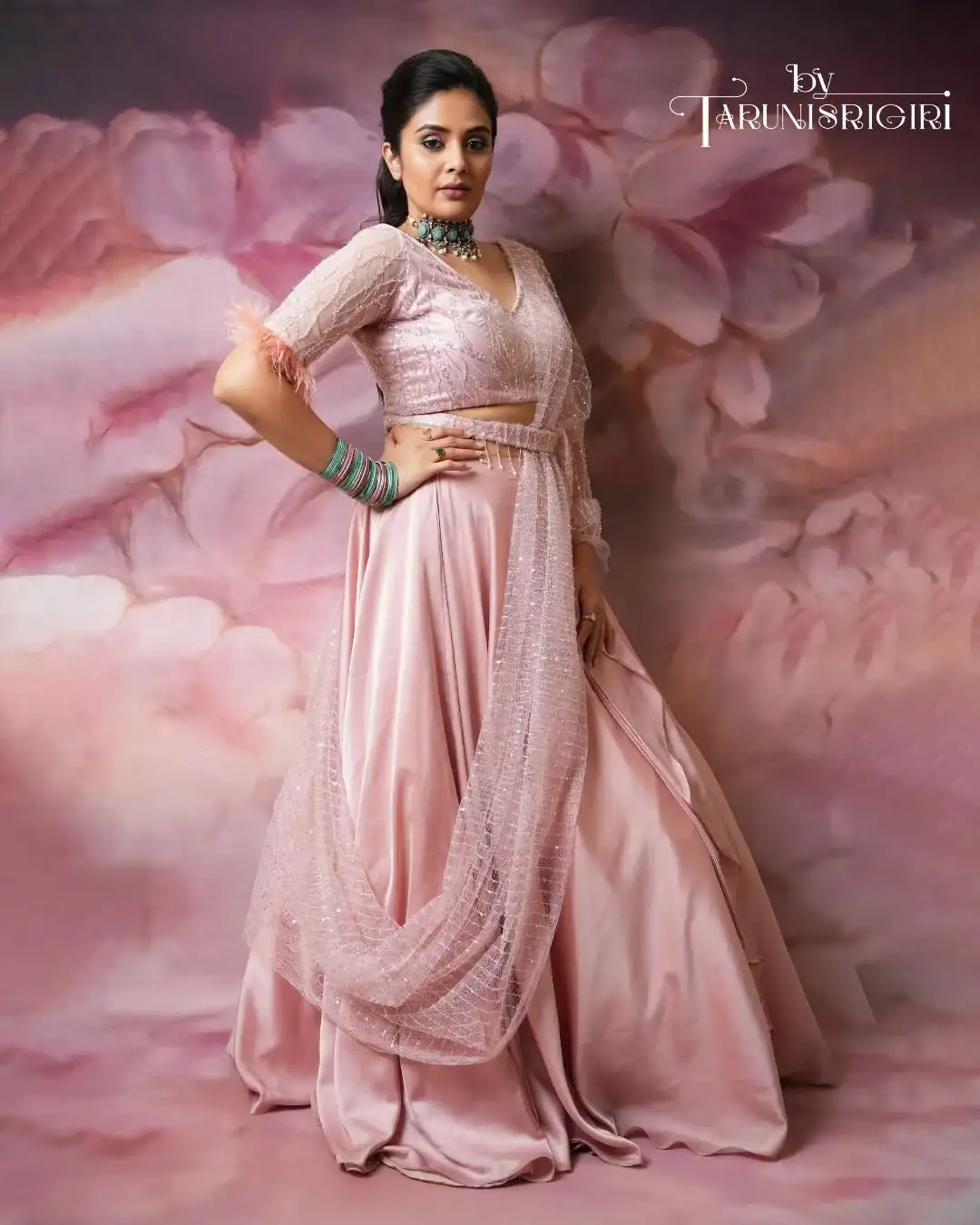 Blush Pink Draped Lehenga Set