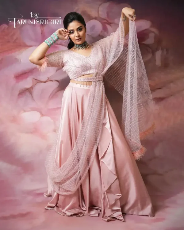 Blush Pink Draped Lehenga Set - Image 2