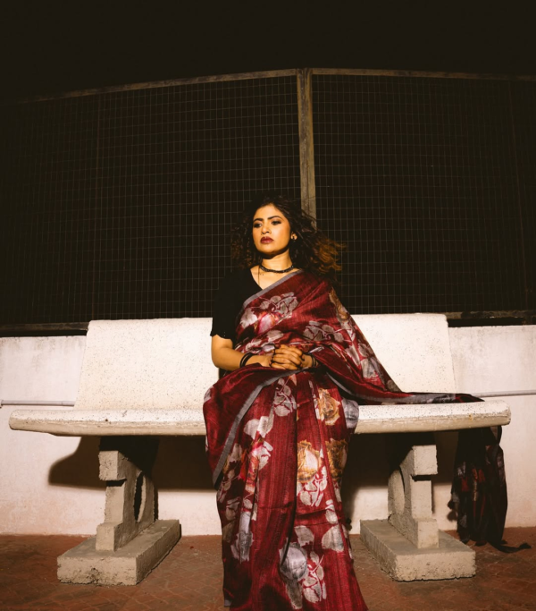 Crimson Tussar Saree with Digital Print - Image 2